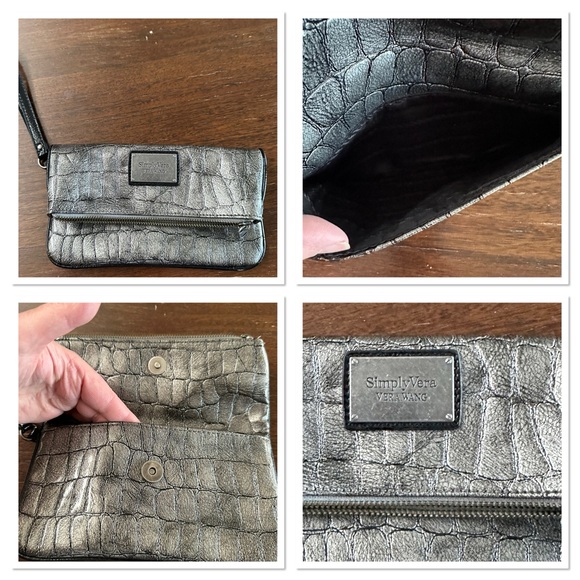 Gun Metal Vera Wang Faux Croc Wristlet w/ Fold Over Feature & Card Slots Inside - Picture 4 of 4